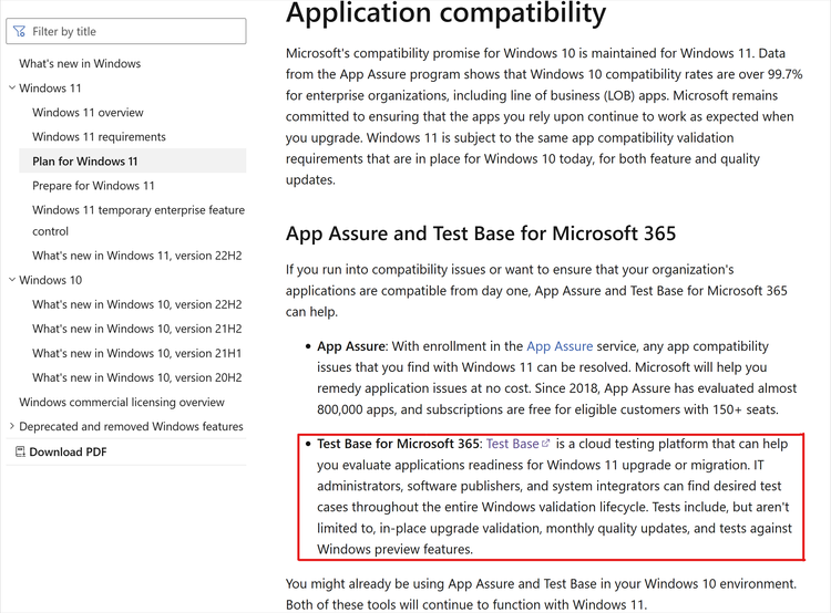 Screenshot of the Application compatibility document with a red box highlighting Test Base for Microsoft 365 link