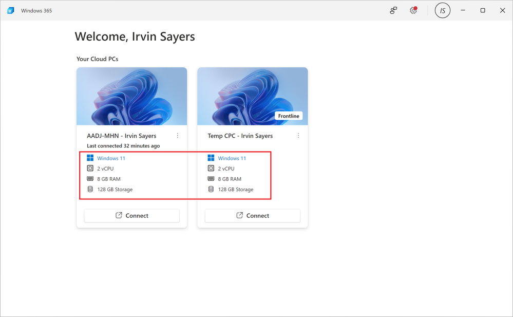 Screenshot of Irvin Sayer’s Windows 365 app with a red box outlining the both Windows 11 Cloud PCs and their details