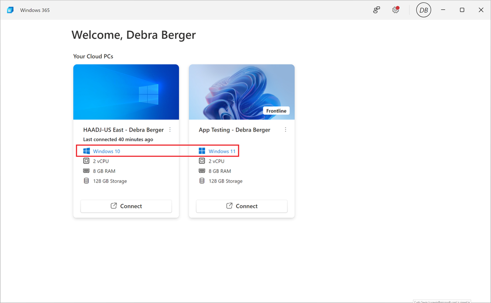 Screenshot of Debra Berger’s Windows 365 app with a red box outlining the Windows 10 and Windows 11 Cloud PCs