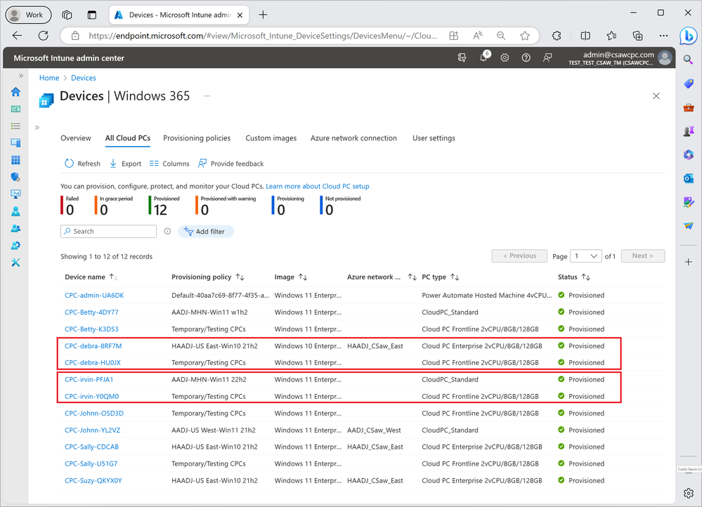 Screenshot of the Windows 365 app with a red box outlining four devices that have slightly different provisioning policies