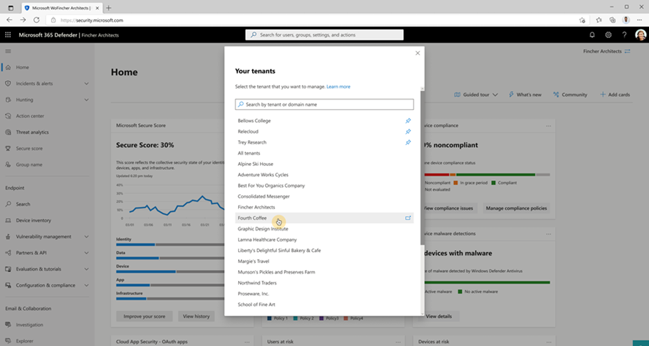 Figure 2: The new tenant switcher allows SOC teams to easily access multiple tenants in the same experience