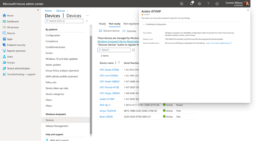 Screenshot of a readiness report for devices in the Not ready tab of the Windows Autopatch Devices blade.