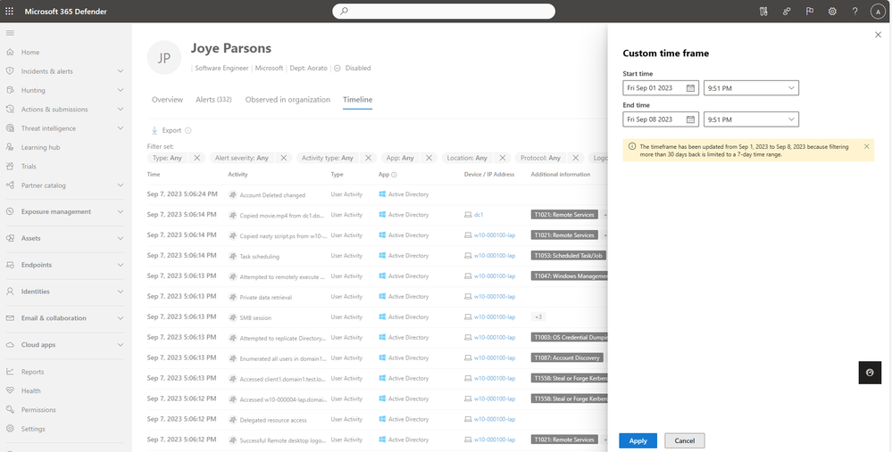 Screenshot showing the custom time frame filter