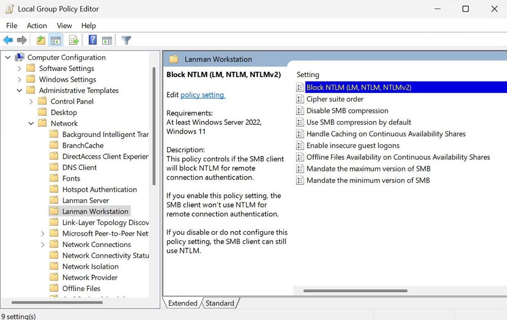 gpedit showing the group policy setting