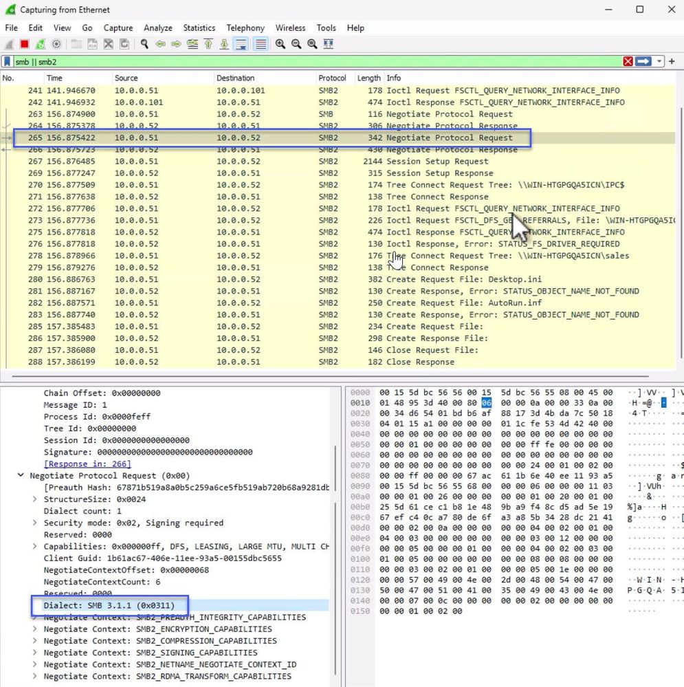 wiresharek capture showing an SMB session creation