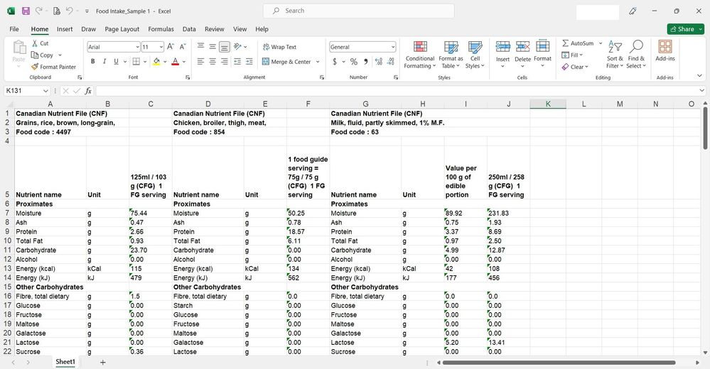 Top of Excel sheet