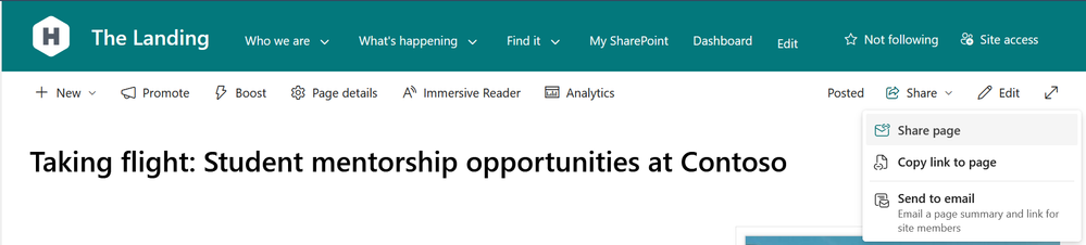 To share a page, select the Share button at the top of the page.