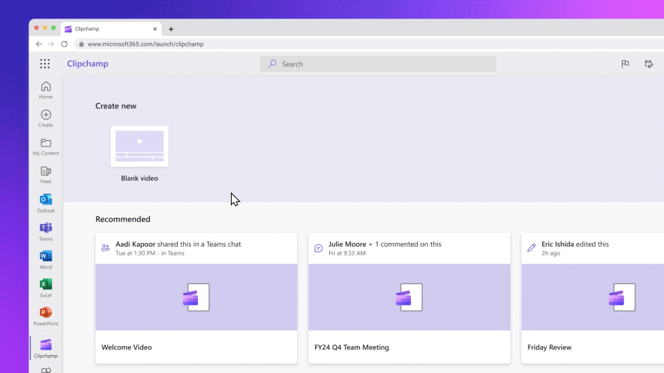 Clipchamp is integrated into experiences across Microsoft 365 thanks to the in-browser video editor. Start a new video on the Clipchamp start page on Microsoft 365, create a new Clipchamp video in OneDrive, or edit an existing video in your OneDrive.