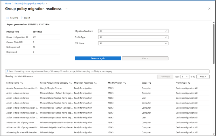 A screenshot of the Group policy migration readiness report in the Microsoft Intune admin center.