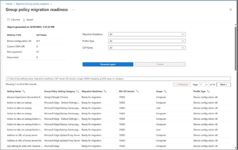 A screenshot of the Group policy migration readiness report in the Microsoft Intune admin center.
