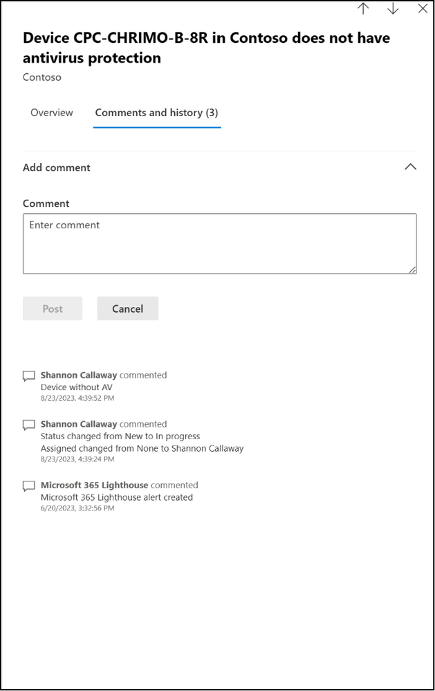 Screenshot of Alert details pane with comments and history tab highlighted.