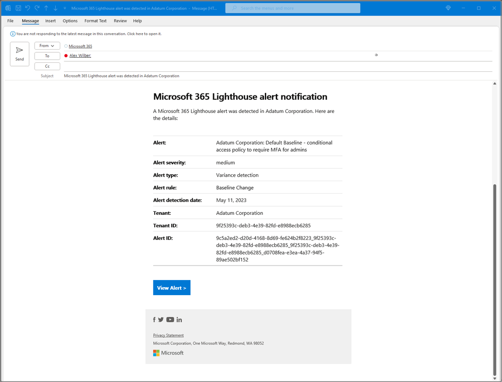 Screenshot example of a Microsoft 365 Lighthouse alert notification email.
