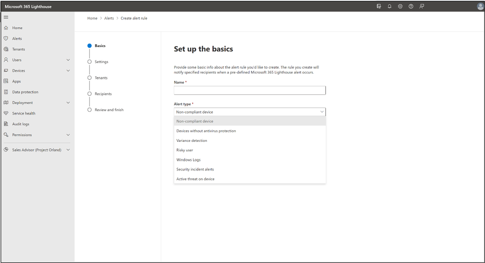 Screenshot of alert creation wizard drop-down list of alert type.