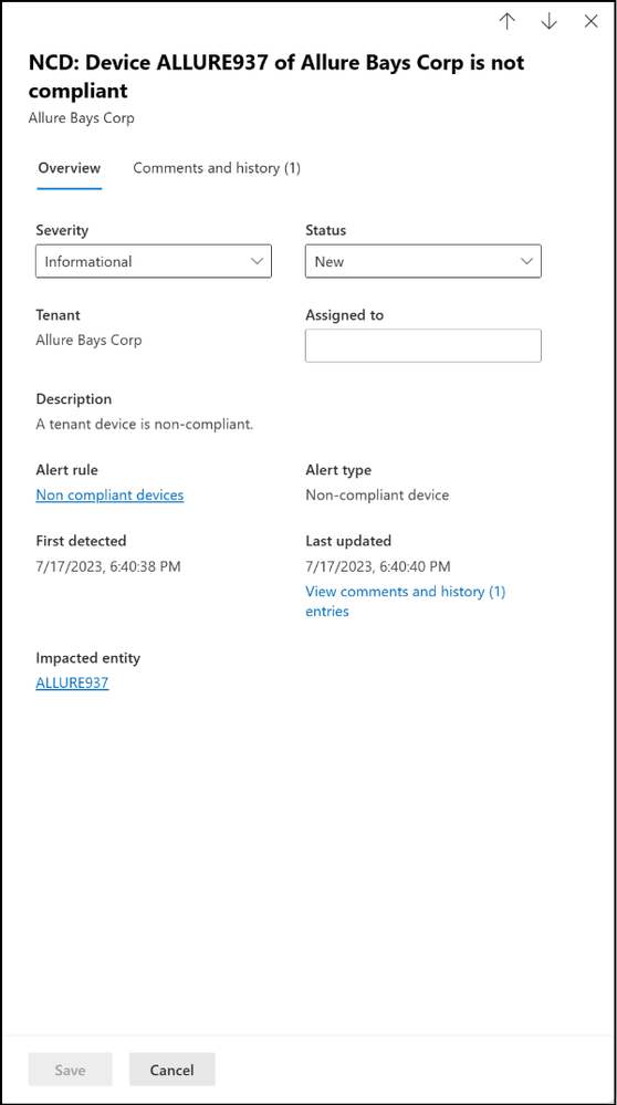 Screenshot of individual alert details pane with additional alert details.