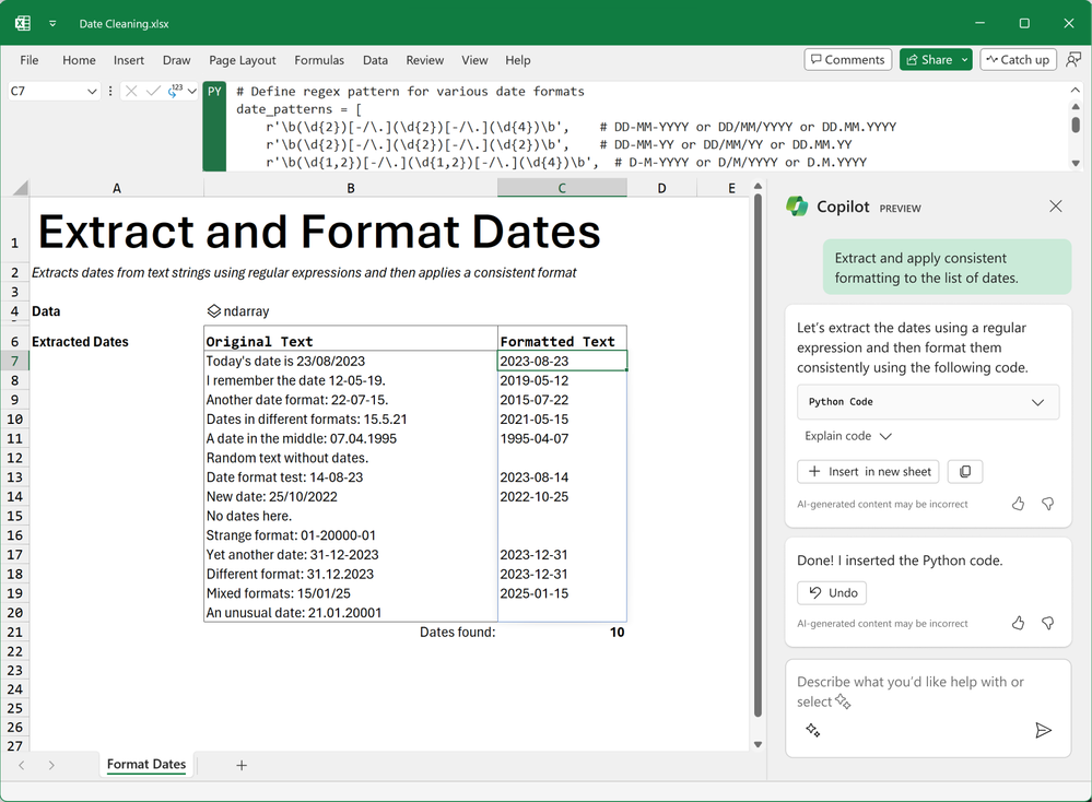 Data processing using Python in Excel, built with Copilot in Excel