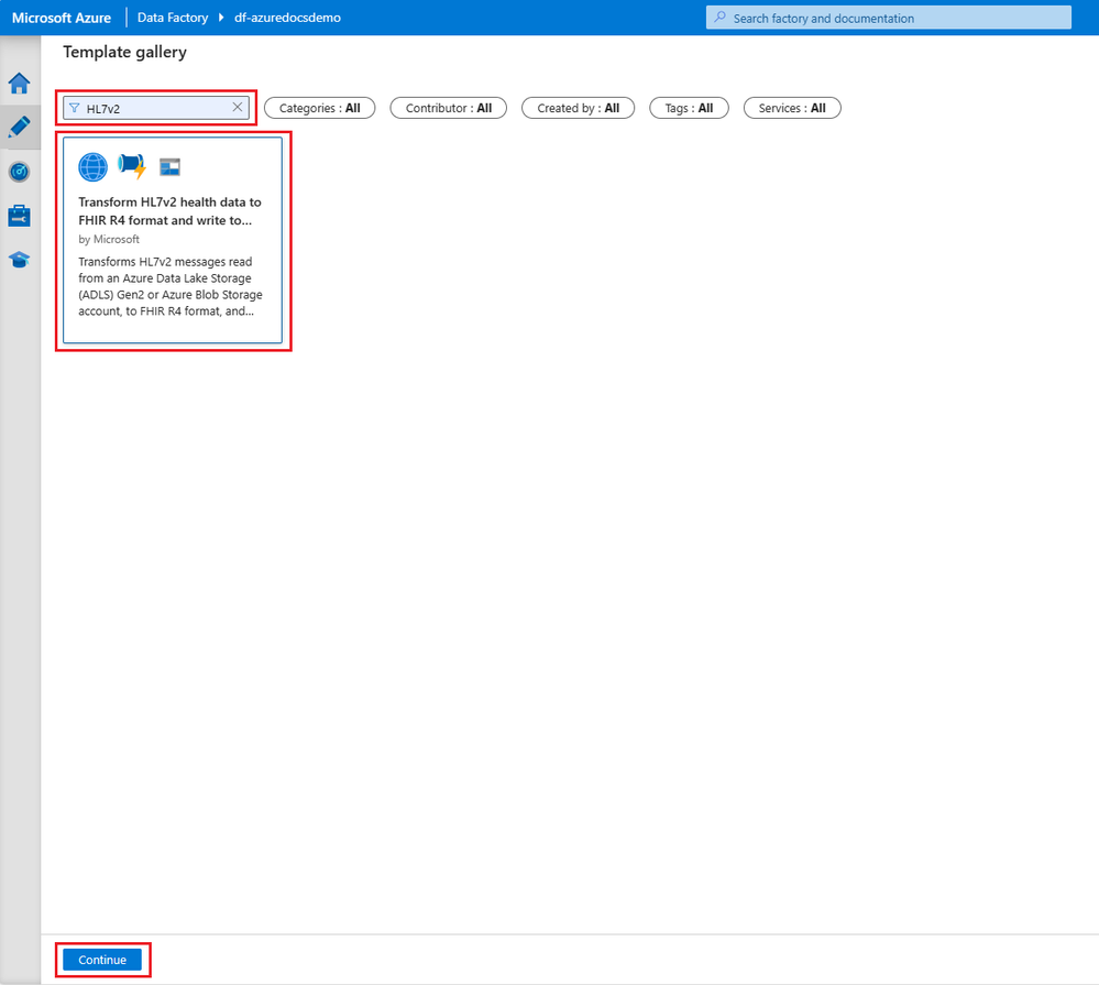 This image shows the "Transform HL7v2 to FHIR R4 and write to ADLS Gen 2" template in the Azure Data Factory Template Gallery.