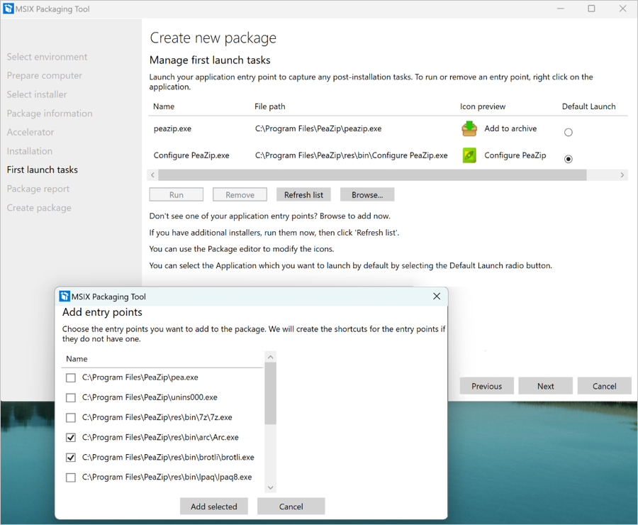 Screenshot of changing the order of the first launch tasks through the browse option in the First launch tasks menu