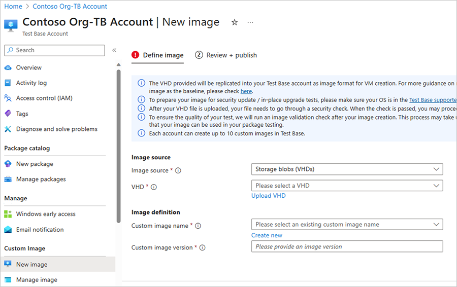 Screenshot of the Test Base portal showing options for Custom Image | New image.