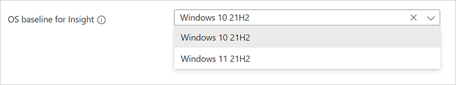 Screenshot of OS baseline versions from a dropdown menu on the Test Matrix tab of the package upload experience.