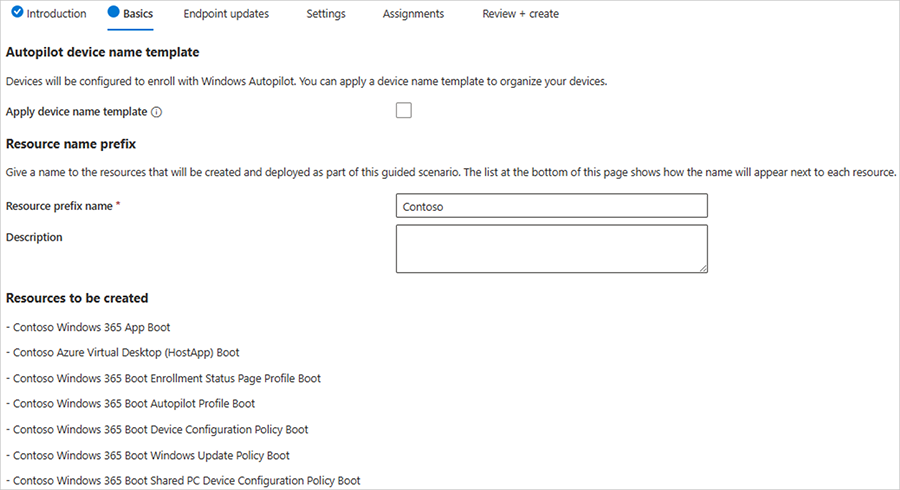 Screenshot of Windows 365 Boot menu showing the Resources to be created