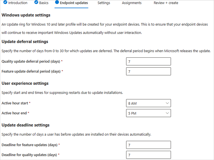 Screenshot of the specific preferred settings for Windows updates