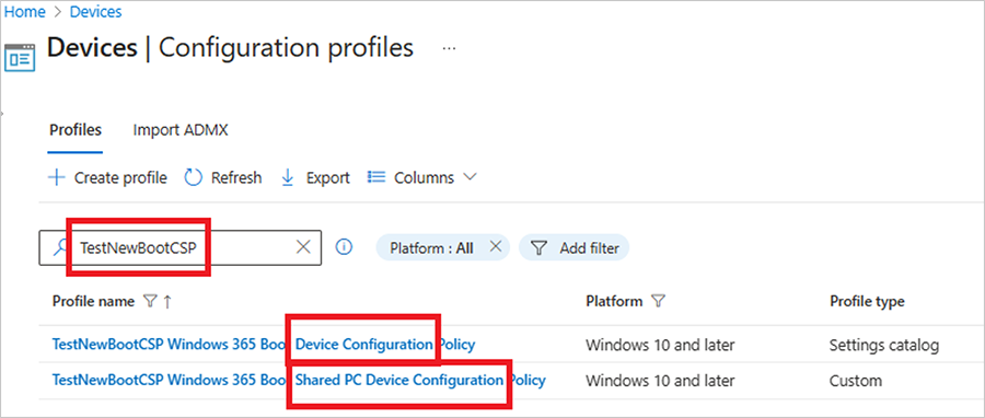 Screenshot of red boxes highlighting TestNewBootCSP, Device Configuration, and Shared PC Device Configuration in the Configuration profiles menu