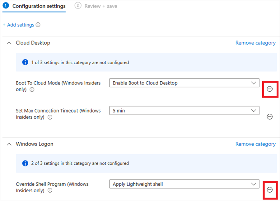 Screenshot of red boxes highlighting specific settings to remove