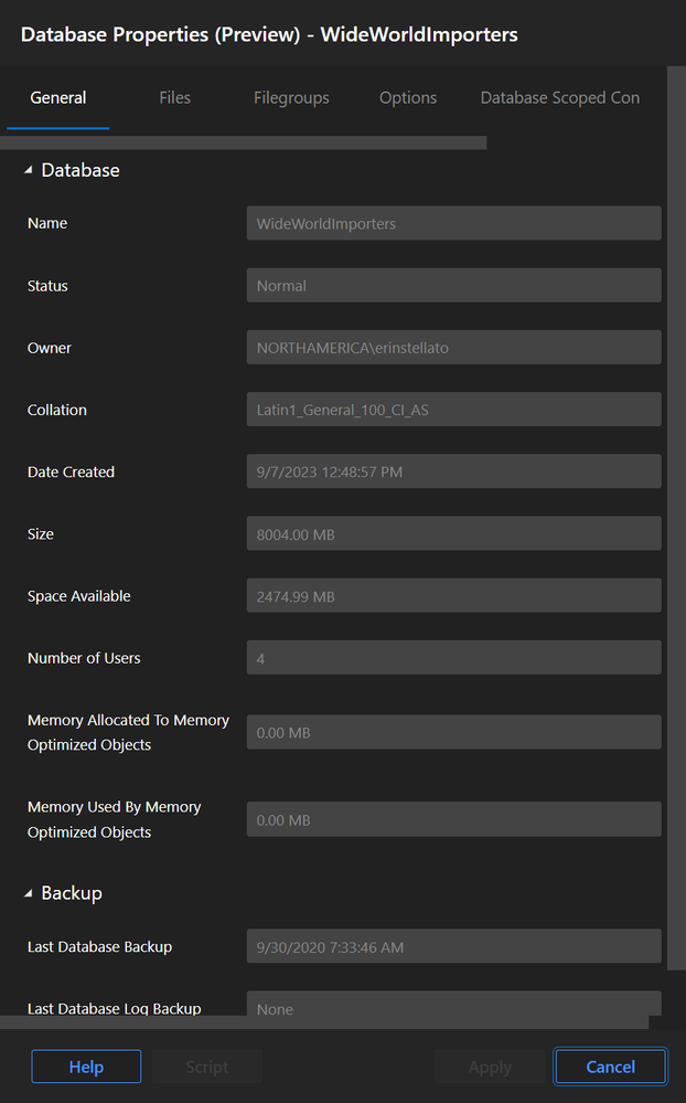 Screenshot of database properties pane