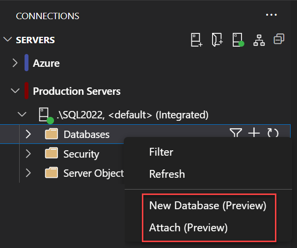 Screenshot of properties menu for the Databases node