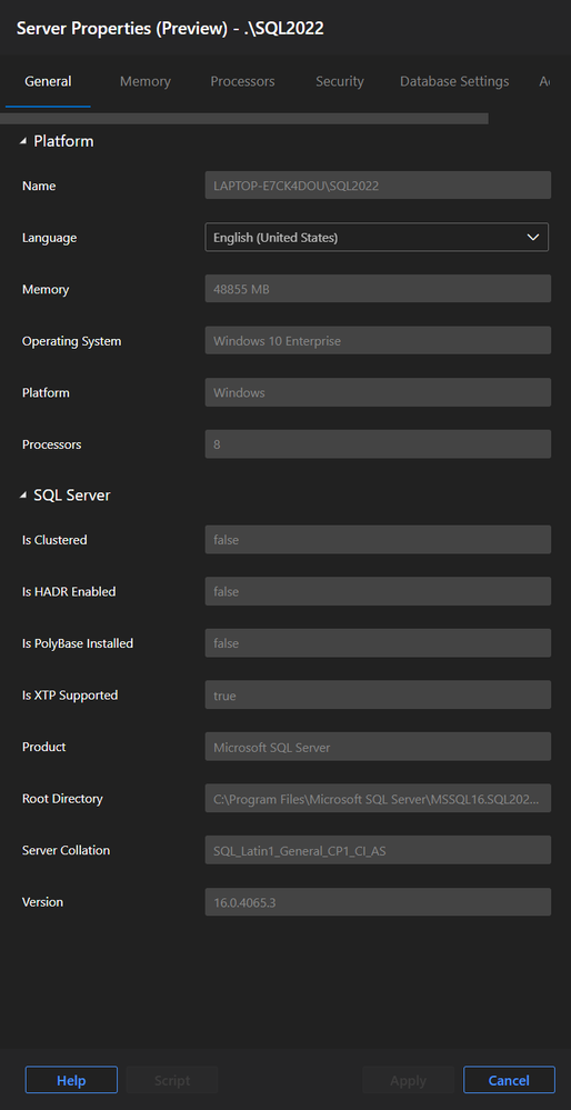 Screenshot of server properties pane