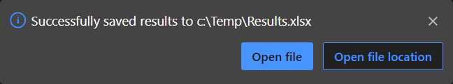 Screenshot of notification after saving results to Excel