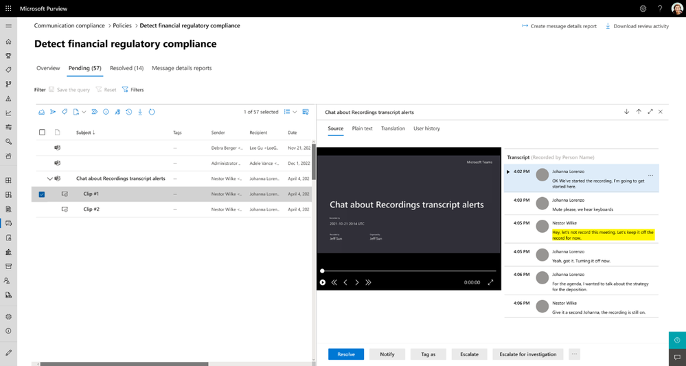Figure 1: View of meeting transcript shown alongside video snippet of regulatory compliance violation that occurred