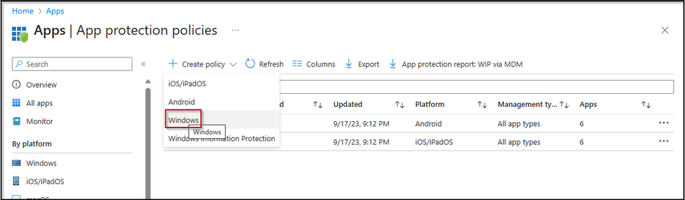 Image 1: App Protection Policies Console from Apps node in Microsoft Intune