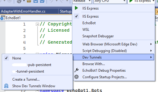 Menu de depuração do Visual Studio mostrando a opção Dev Tunnels