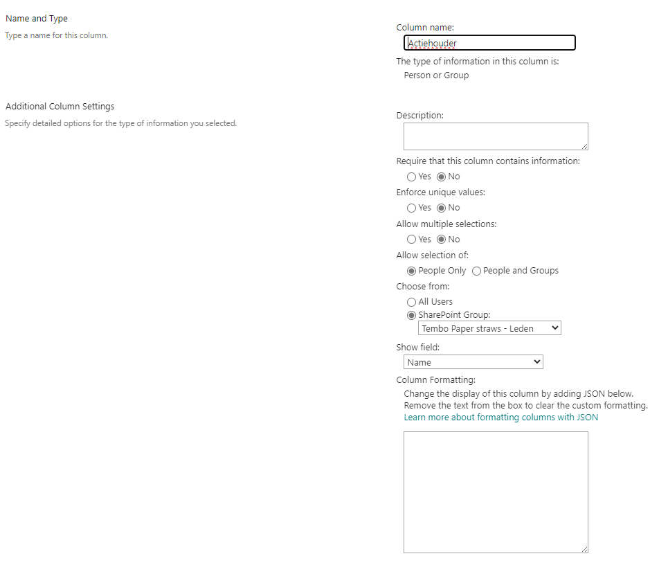 Settings column 'Actiehouder'