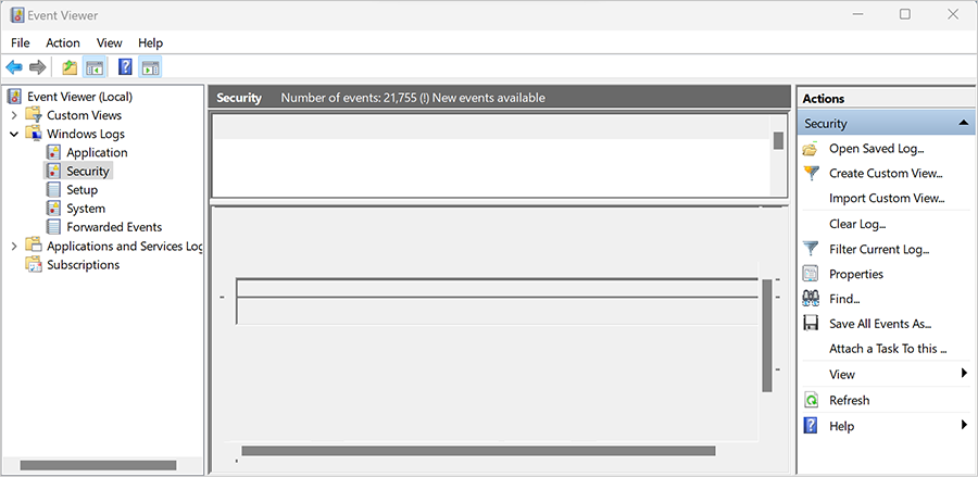 Screenshot of the Event Viewer interface, with Security selected under Windows Logs