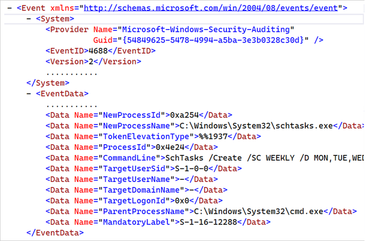 Screenshot of the header and the payload of the event ID 4688 in Event Viewer