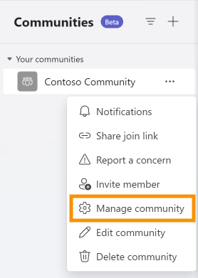 More options menu highlighting Manage community