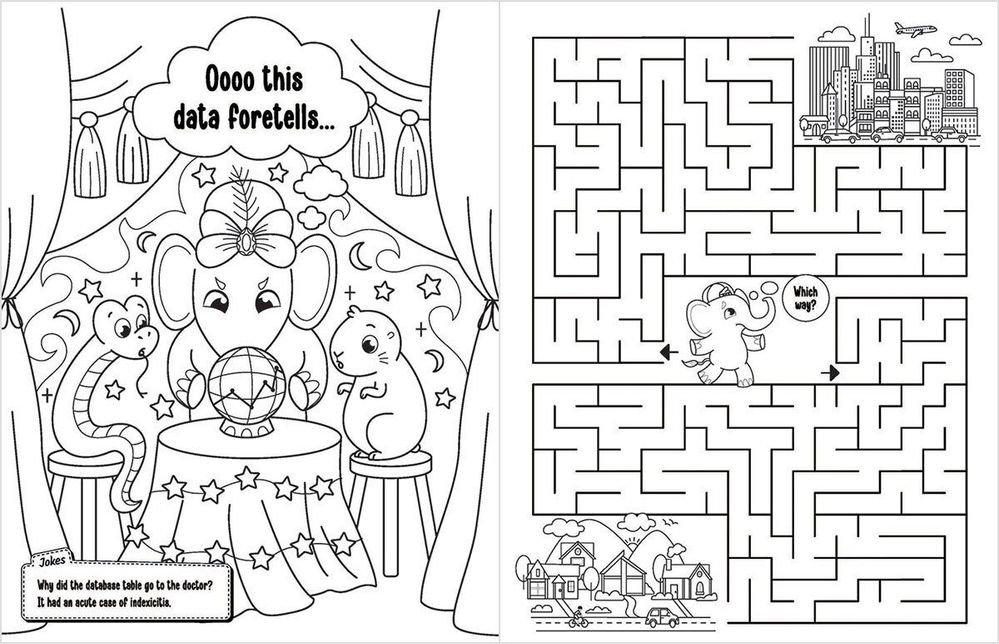 Figure 4: A 2-page spread in An Activity Book for Postgres v3 representing different use cases for the Citus database extension to Postgres: on the left, real-time analytics and on the right, multi-tenant SaaS.