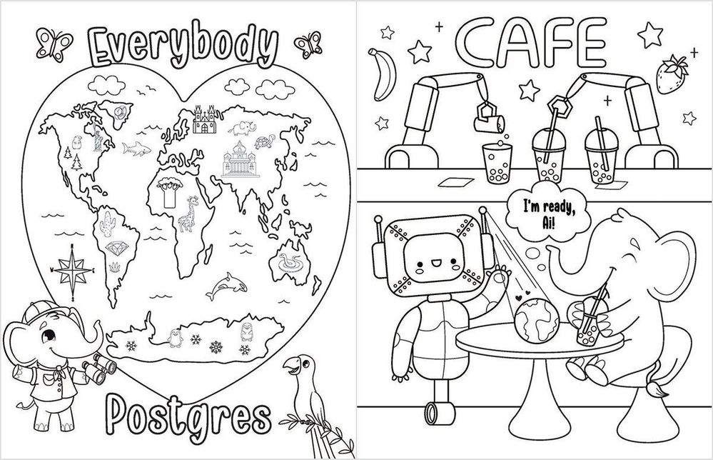 Figure 2: The first and last pages of “An Activity Book for Postgres v3”—on the left a map representing the global Postgres community, and on the right El in a futuristic café with her robot friend name Ai. You can get a copy of the Activity Book at the Microsoft stand at upcoming PG conferences, including PGConf NYC and PGConf EU.