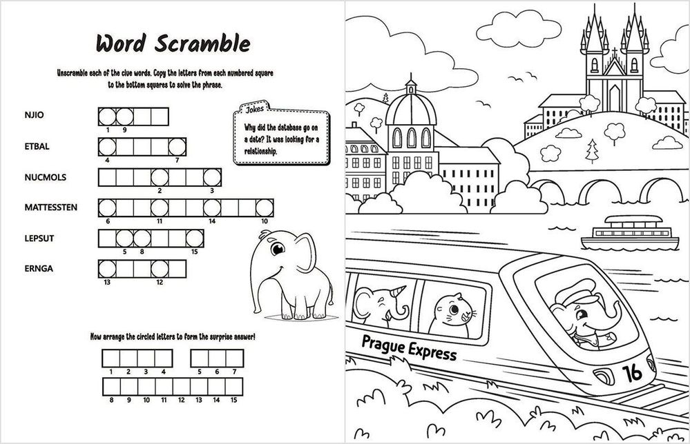 Figure 3: A 2-page spread in An Activity Book for Postgres v3. On the left, the Word Scramble using database terms; on the right a bullet train in Prague giving a nod to Postgres 16 & database performance.