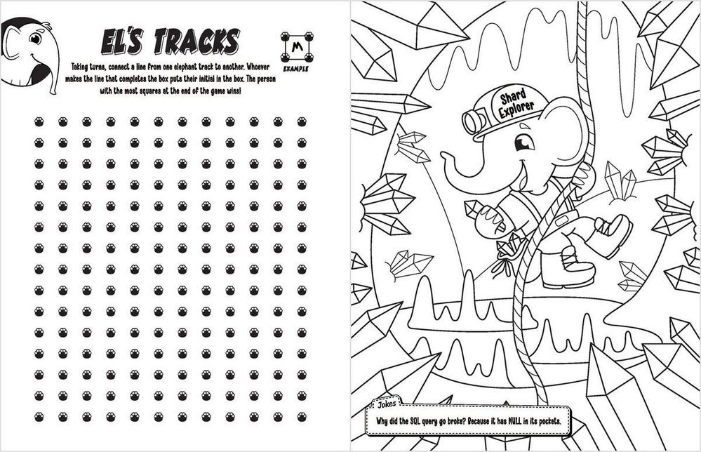 Figure 7: A 2-page spread in An Activity Book for Postgres v3. On the left an activity sometimes referred to as the dot game; on the right another adventure for El as a spelunker—a bad pun on the word “shard”.
