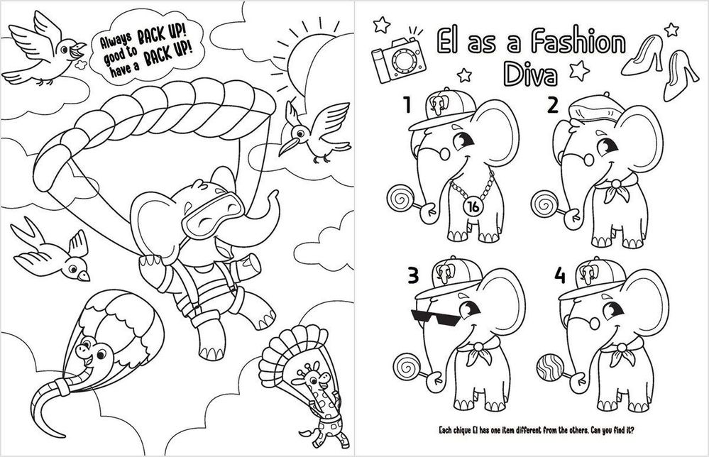 Figure 8: A 2-page spread in An Activity Book for Postgres v3. On the left El and her open-source friends the snake (Python mascot) and the giraffe (Kubernetes mascot) have a backup plan; on the right a fun “find the differences” game.