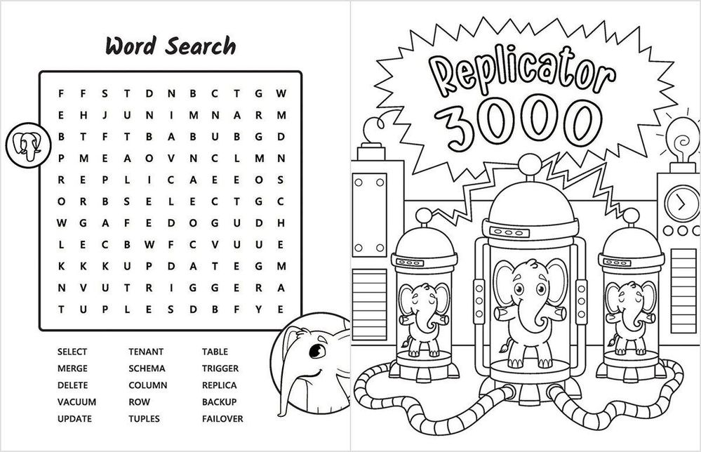 Figure 9: A 2-page spread in An Activity Book for Postgres v3. On the left, another chance to introduce some database terminology to your children (or learn some yourself); on the right, a fun way to represent Patroni, the beloved Postgres tool.
