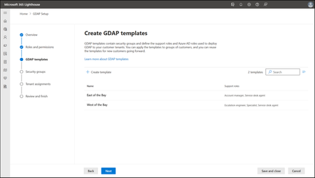 A screenshot of creating GDAP templates in Microsoft 365 Lighthouse