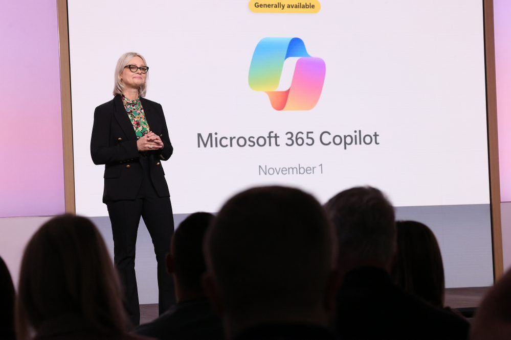 Colette Stallbaumer, Microsoft general manager of Microsoft 365 and Future of Work, speaks on stage at Skylight at Essex Crossing in New York City.