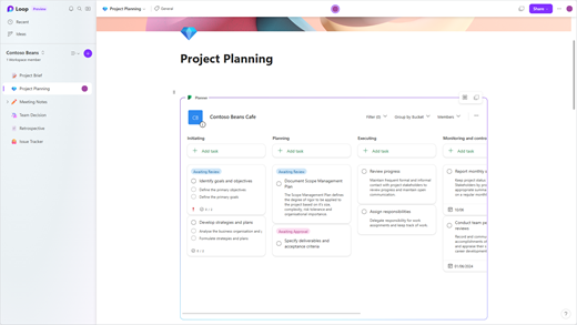 Planner Loop component within a workspace in the Loop app (preview).