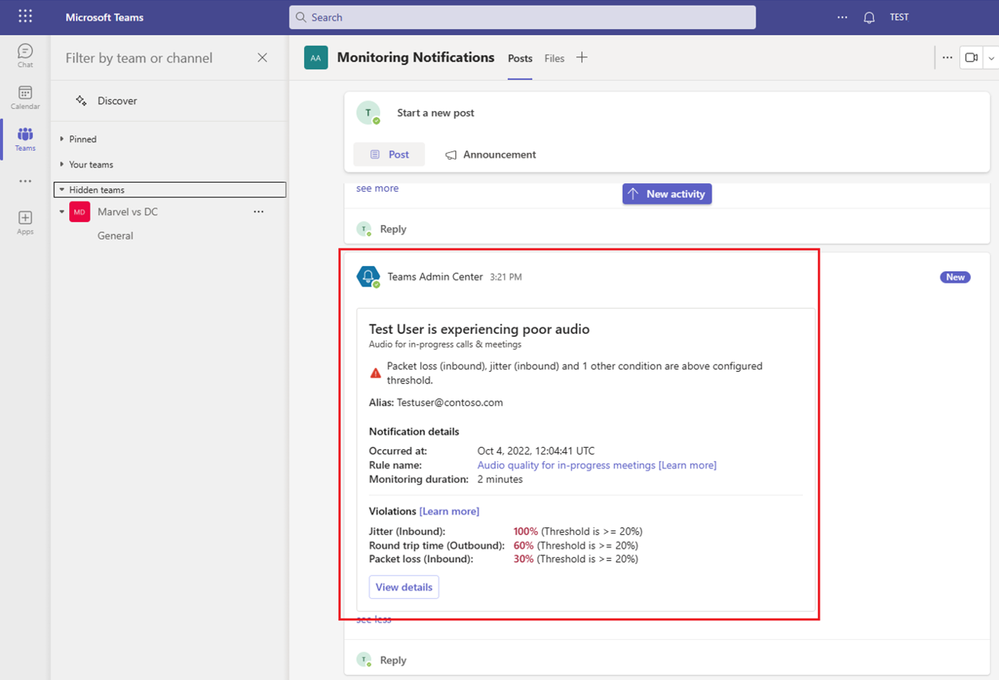 Channel notification which informs admin about audio quality issue for test user.png