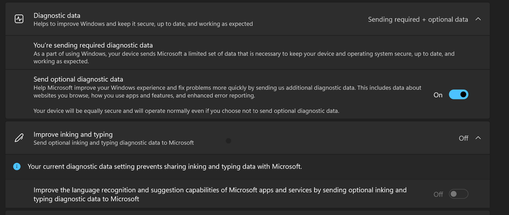 The inking and typing on/off option is grayed out