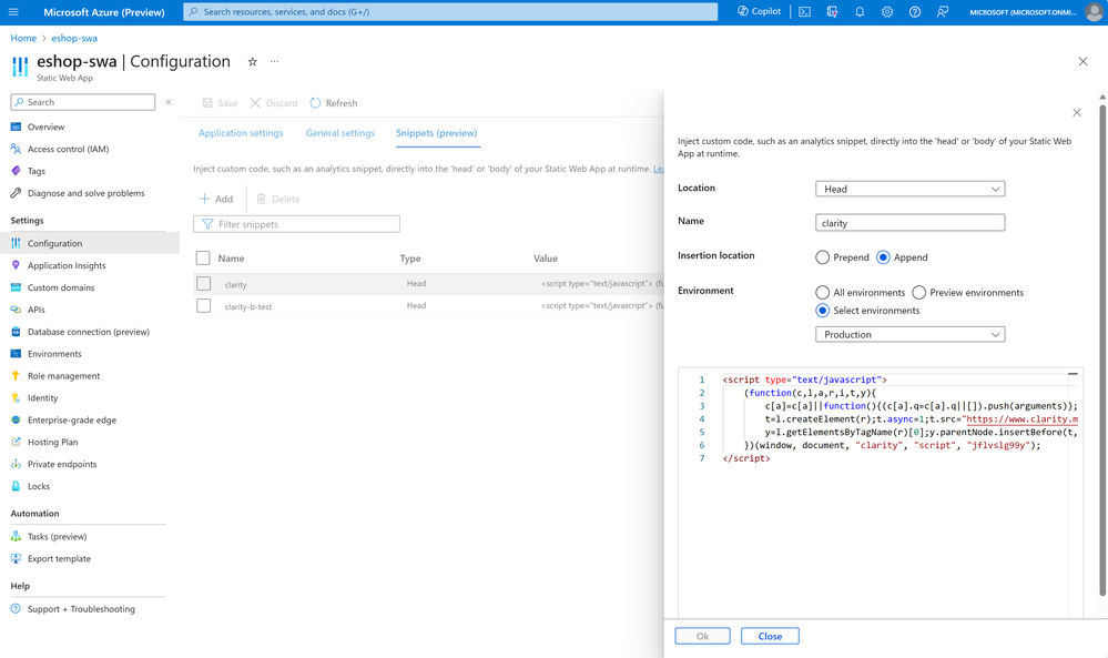 Screenshot of Azure Portal snippets configuration